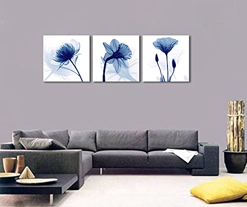 Wieco Art Blue Flowers 3 Panels Canvas Print Wall Art Modern Pictures Artwork for Living Room Bedroom and Home Decorations - size: 24x24inchx3pcs (Unframed)