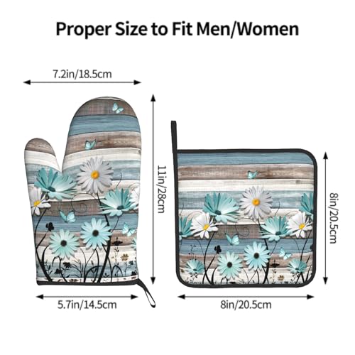 Daisy Floral Oven Mitts and Pot Holder Sets Rustic Wood Potholders Non-Slip Heat Resistant Oven Gloves for Kitchen Baking Cooking Grilling - color: Daisy Wood
