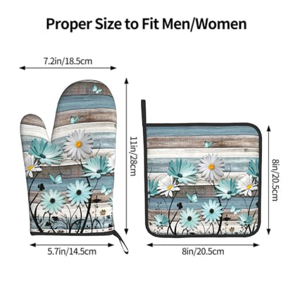 Daisy Floral Oven Mitts and Pot Holder Sets Rustic Wood Potholders Non-Slip Heat Resistant Oven Gloves for Kitchen Baking Cooking Grilling - color: Daisy Wood