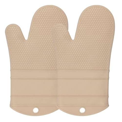 YUTAT Silicone Oven Mitts,Heat Resistant 2PCS Oven Mitts with Soft Polyester Filling,Perfect for Baking and Cooking,Khaki - color: Khaki-honeycomb Surface, size: 13“L x 7"W-2 Piece
