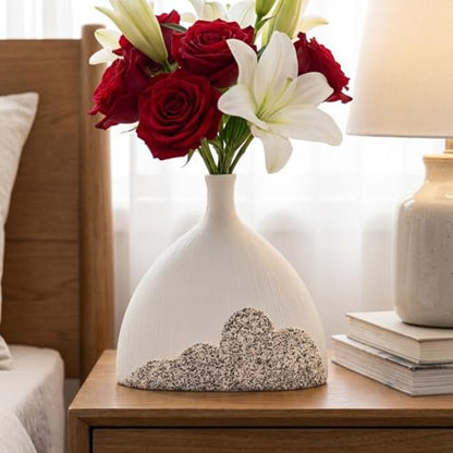 White Ceramic Vase, Speckled Bottom Bud Vase for Shelf Decor | Matte vase for shelf, table, entryway and bathroom styling