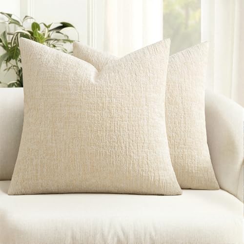 MIULEE Couch Pillow Covers Textured Chenille Home Decor 18x18 Beige | Set of 2 Soft Luxurious Decorative Throw Pillow Covers Cozy Pillowcases Living Room Cushion Sofa Bed - color: Beige, size: 18" x 18" (Pack of 2)