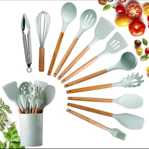 11 Piece Silicone Kitchen Utensil Set with Holder Heat Resistant Non Stick Cooking Tools with Wooden Handles Spatula Spoon Pasta Server Tongs Whisk Brush Black (Mint Green) - color: Mint Green