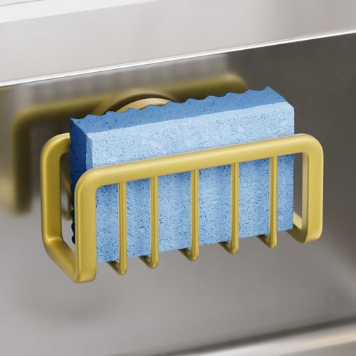 TAILI Gold Sponge Holder for Kitchen Sink with Strong Suction Cup | Removable Sink Caddy for Kitchen Sink Oganizer, Rustproof Aluminum Sink Sponge Holder for Scraper Brushes, Stoppers - color: Gold, size: 5.1" x 2.3"