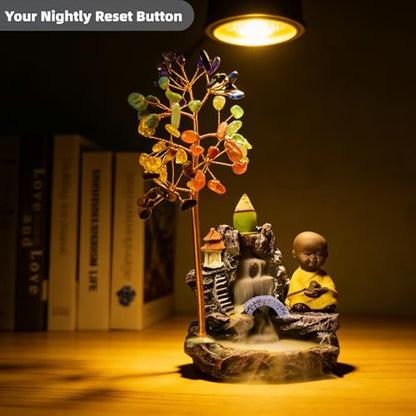 Monk-Blessed Laughing Buddha Backflow Incense Burner, 63-Gemstone Chakra Tree, Temple-Certified Feng Shui Altar Decor for Meditation & Reiki, Mother's Day, Birthday Gift(7.4 Inch)