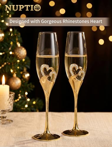 NUPTIO Crystal Champagne Flutes, Wedding Gifts for Couple, Gold, Set of 2 | Rhinestone Rimmed Heart Toasting Glasses with Wooden Gift Box for Engagement, Anniversary, Party, Bridal Showers, 6.76oz - color: Gold