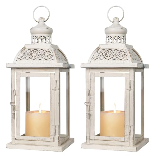 Lantern Decorative Indoor&Outdoor, 2 Pack 14.4'' Large Metal Candle Lanterns, Vintage Hanging Candle Holders for Farmhouse Wedding Front Porch Patio, Halloween Christmas Decorations for Home - color: Begie / 14.4’’h + 14.4''h