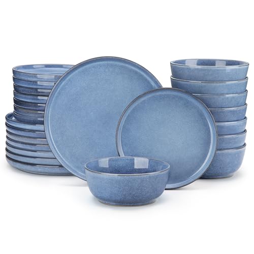 vancasso ANYA 24 Pieces Plates and Bowls Set, Blue Dinnerware Sets, Reactive Glaze Dishes Set for 8, Ceramic Dishware Sets Kitchen Dinner Set, Microwave & Dishwasher Safe - color: Blue, size: 24 Pcs (Service for 8)
