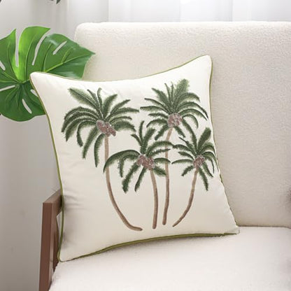 Embroidered Throw Pillow Covers 18x18 Pack of 2 Green Coconut Trees | Ocean-Themed,Durable Fabric,Square Pillow Cover,Boho Decorative,Hidden Zipper,Aesthetic Design,Ideal Gift,Machine Washable - color: Green Coconut Palm Trees