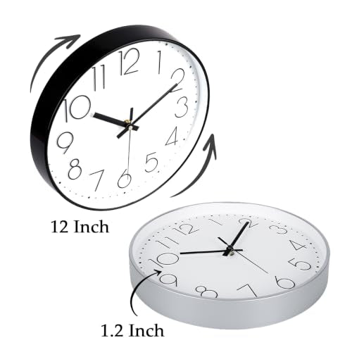 2 Pack Black&Silver Wall Clock 12" Silent Wall Clocks Battery Operated | Office Kitchen Living Room Bedroom - color: Black&silver, size: 2 Pack-12 Inch