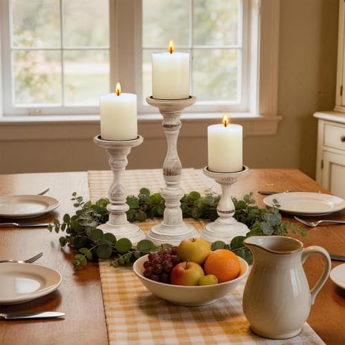 Rustic Distressed Wooden Candle Holder Set of 3 for Pillar Candles, Farmhouse Wood Candle Stands for Table Centerpieces & Living Room Home Decor (Rubber Wood(Distressed White))