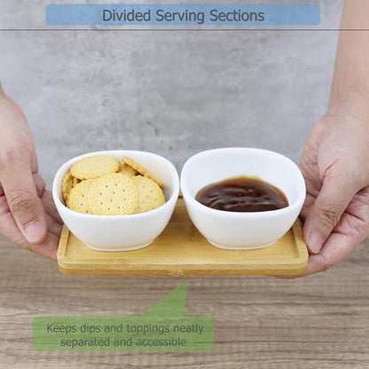 EIKS Ceramic Dip Bowls Side Dishes with Wooden Tray | For Serving Appetizer, Nuts Candy Snack, Sauce Seasoning