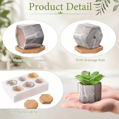 Marbling Ceramic Flower Pot Succulent Small Plant Cactus Herbs Planter Ceramic Pot with Drainage Hole Matte Container(6 Pcs,Hexagon Style) - style: Hexagon Style