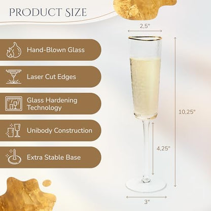 Bec's Designs Champagne Flutes Set of 4, 6oz Handblown, Hammered Gold Rim | Triangular champagne glasses offer elegant stemware for mimosas, Prosecco & weddings; handblown hammered glass design.