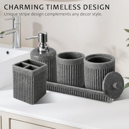 XLHOMO 8-Piece Grey Bathroom Sets with Shower Curtain and Rugs, Resin Bathroom Accessories Sets Complete with Soap Dispenser, Toothbrush Holder, Tumbler & Apothecary Jars Bathroom Essentials - color: Grey, size: Resin Bath Set Complete