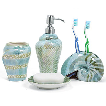 Ocean Conch Sea Shell Ceramic Bathroom Accessories Set of 4,1 Gargle Cups 1 Toothbrush Holders 1 Soap Dishes 1 Soap Dispenser (Green) - color: Green
