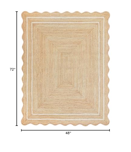 Wave Scalloped Natural Jute Runner, Off White (4'x6'): Boho Farmhouse Scallop Entryway Rug - color: Off White, size: 4'x6' (Rectangular)