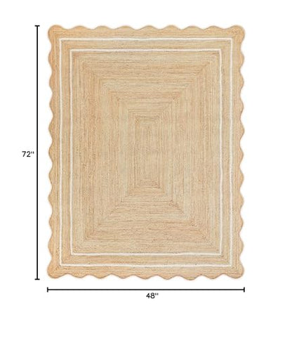 Wave Scalloped Natural Jute Runner, Off White (4'x6'): Boho Farmhouse Scallop Entryway Rug - color: Off White, size: 4'x6' (Rectangular)