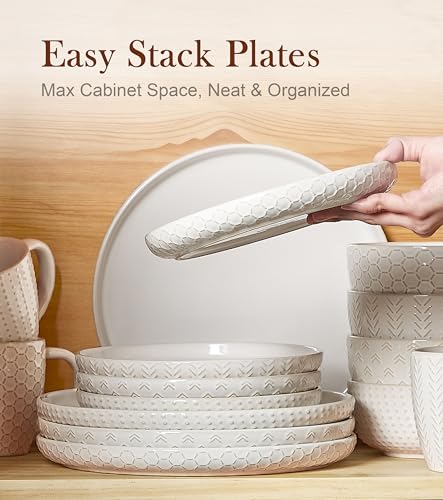 Lareina Salad Plates 8 Inch, Ceramic Plate Set for Kitchen, Embossed Serving Plate, Microwave Oven Dishwasher Safe, For Housewarming or Wedding, Scratch Resistant-Set of 4, Ivory White - size: 8 inch