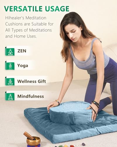 Hihealer Meditation Cushion Set Large Velvet Floor Pillow & Traditional Tibetan Yoga Bolster for Adults Zafu Meditation Mat with Buckwheat Filling - color: Blue