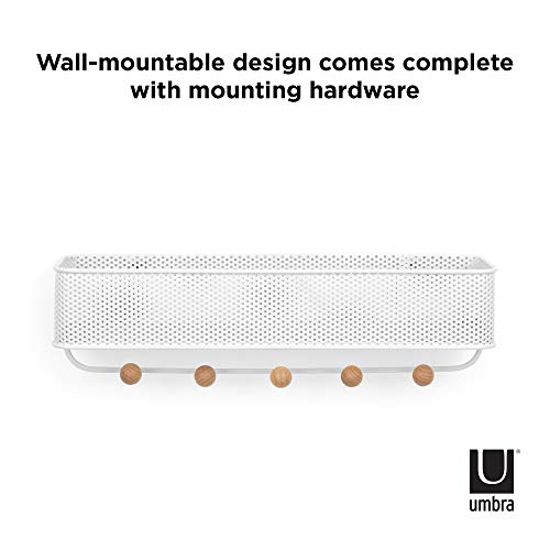 Umbra Estique Entryway Organizer, Wall Mount Key Holder, White/Natural | Steel construction, perforated mail bin, five wooden knob hooks, hidden mounting hardware, holds up to 5 lbs - size: Small