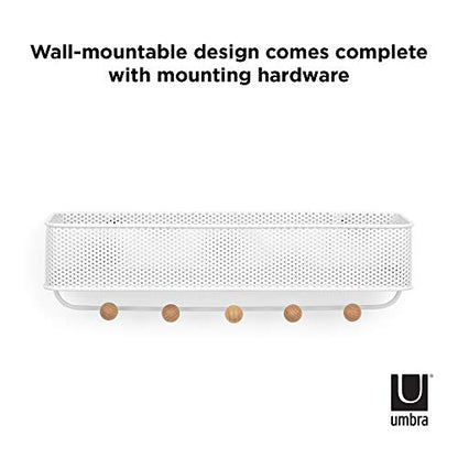 Umbra Estique Entryway Organizer, Wall Mount Key Holder, White/Natural | Steel construction, perforated mail bin, five wooden knob hooks, hidden mounting hardware, holds up to 5 lbs - size: Small