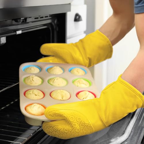 BPA-Free Soft Silicone Oven Mitts - Ultra Heat Resistant Oven Mitts with Thick Cotton Liner - Long Slip Resistant Pot Holders, Flexible Oven Gloves - Yellow 13.7" - color: Yellow, size: 2-Piece 13.7" Oven Mitts