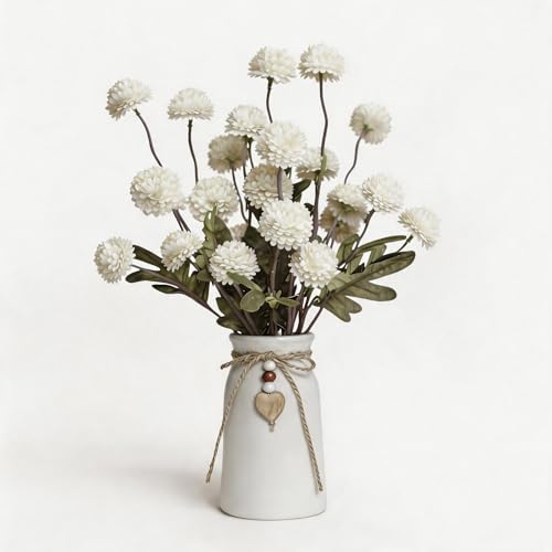 Artificial Chrysanthemum Flower Arrangement in Rustic Ceramic Vase with Heart Charm, 25 Heads Faux Pompon Mum Bouquet, 15'' Farmhouse Table Centerpiece for Dining Table, Home Décor, White - color: White