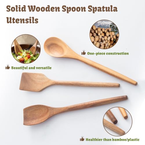 Wooden Spoons For Cooking, Wood Kitchen Cooking Spoons Utensil, 12 Inch Acacia Spoon Spatula Scraper Utensils Set, Cooking Gadgets Safe for Nonstick Cookware Use Set of 3 - style: Wood Spoon Spatula Set of 3