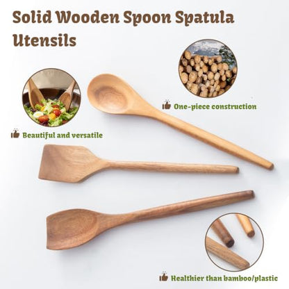 Wooden Spoons For Cooking, Wood Kitchen Cooking Spoons Utensil, 12 Inch Acacia Spoon Spatula Scraper Utensils Set, Cooking Gadgets Safe for Nonstick Cookware Use Set of 3 - style: Wood Spoon Spatula Set of 3