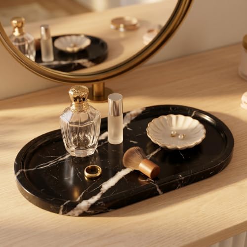 YKAJO Nero Marquina Oval Marble Tray, 11.8x5.9 Vanity Perfume Organizer | Honed natural stone; jewelry & trinket dish, ring & key holder, soap & candle catchall; bath counter, dresser, coffee table - color: Nero Marquina, size: 11.8" x 5.9" x 0.6"