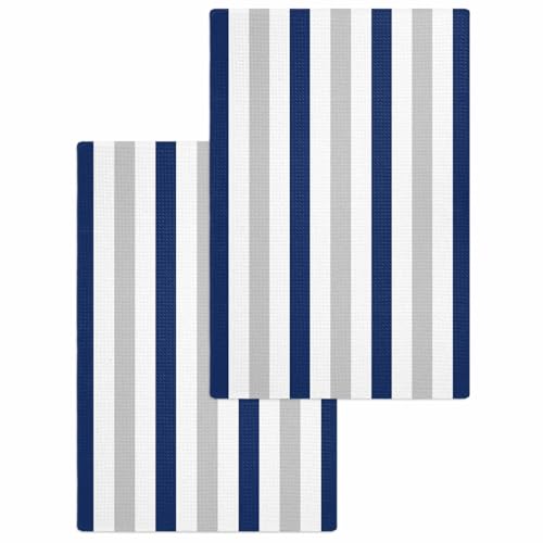 Kitchen Towels Set Navy Blue Grey Stripes Waffle Weave Dish Towels 2 Pack Lines Striped Absorbent Quick Drying Hand Tea Towels for Kitchen Bathroom Cleaning Dish Cloths Gift 16x24 Inch - color: Gray Navy Blue, size: 15.7"x23.6"