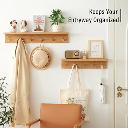 Wall Hooks with Shelf Oak Wood Coat Rack Shelf Wall Mounted, Entryway Shelves with 6 Metal Hangers for Clothes Hats Towel for Bathroom, Bedroom, Living Room (Natural, 27.5 inches) - size: 27.5 inches