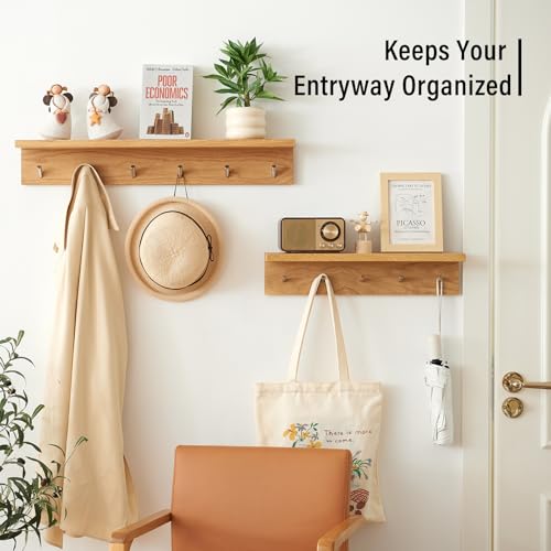 Wall Hooks with Shelf Oak Wood Coat Rack Shelf Wall Mounted, Entryway Shelves with 5 Metal Hangers for Clothes Hats Towel for Bathroom, Bedroom, Living Room (Natural, 20 inches) - size: 20 inches