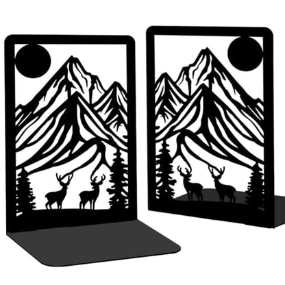 Metal Bookends for Shelves, Mountain and Deer Decorative Book Ends for Heavy Books, Book Stopper Decorative Books, Bookends to Hold Literature for Home Office School Bookshelf Decor - style: Mountain