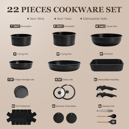 22 Pack Nonstick Pots and Pans Set, KIKCOIN Cookware Set with Detachable Handle, Kitchen Cooking Pans Set with Frying Pan, Grill Pan - Stackable for RV Kitchen, Induction Ready, Dishwasher/Oven Safe - color: Black, size: 22 Pack