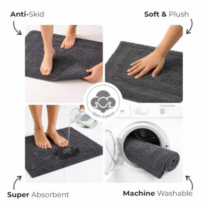 Akiko 100% Cotton Bath Mat, Soft Plush Reversible Bathroom Rug 20x32 Grey | Bath Mats for Bathroom Absorbent Quick Dry Anti-Skid Machine Washable Bath Mats for Bathroom Shower Bathtub - color: Charcoal