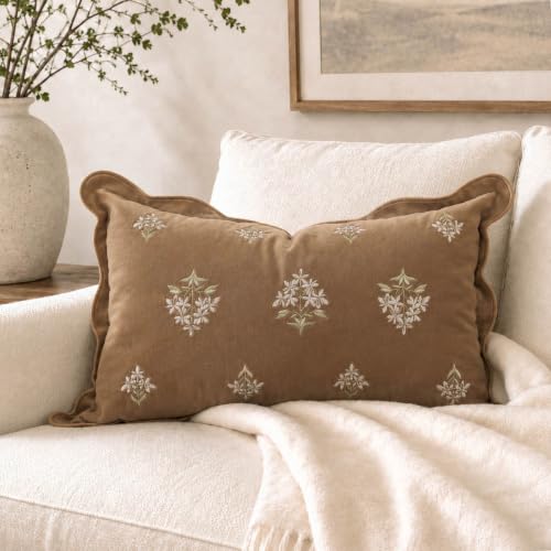 BlissBlush Lumbar Pillow Cover 12x20, Brown Velvet Decorative Lumbar Pillow Cover, Floral Accent Cushion Cover with Embroidery and Scalloped Edge for Couch Sofa Bed, Cover ONLY - color: Warm Brown, size: 20" x 12" (Pack of 1)