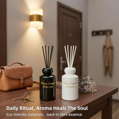 Reed Diffuser Set, Binca Vidou Lavender & White Tea Natural Scent Oil Diffusers with Sticks for Home Office Bathroom Aromatherapy Decor Black&White Series 3.38oz x 2
