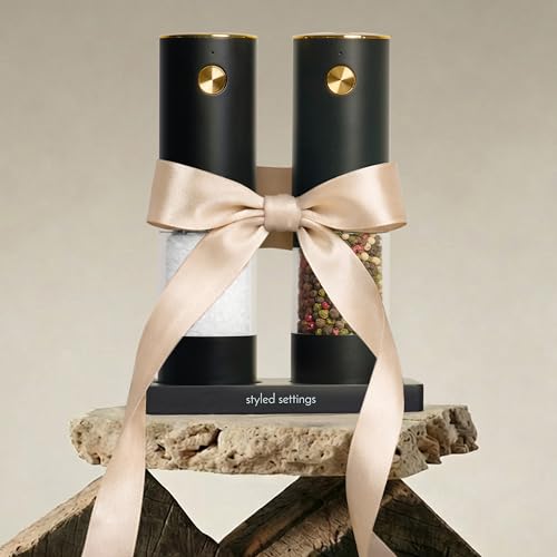 Styled Settings Electric Salt and Pepper Grinder Set Rechargeable, Black | Automatic Salt and Pepper Shaker Set with USB-C Port, LED Light, Adjustable Coarseness, One Touch Control, Stainless Steel - color: Black