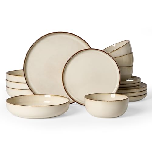 Famiware Milkyway 16-Piece Stoneware Plates and Bowls, Light khaki | Dinnerware Set with Pasta Bowls for 4, Handmade Reactive Glaze Dish Set, Microwave/Dishwasher Safe, Chip/Scratch Resistant - color: Light khaki, size: Service for 4 (Include Pasta Bowls)
