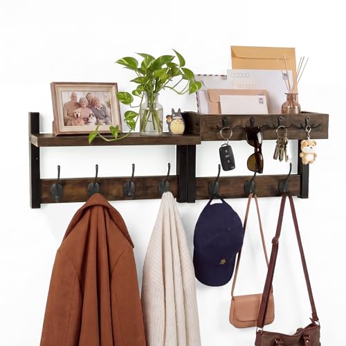Coat Rack Wall Mount with Shelf & Mail Organizer,29 Inch Wall Shelf with 7 Coat Hooks and 4 Key Hooks for Entryway,Living Room,Bedroom,Offices(Rustic Brown) - color: Rustic Brown