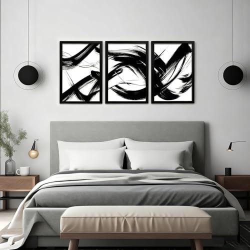 RUURUU 3Pcs Framed Black and White Abstract Canvas Wall Art Modern Minimalist Small Space Wall Decor for Living Room Bedroom Office Brush Stroke Gallery Pictures Posters Prints 12x16 Inches - size: 12x16Inches