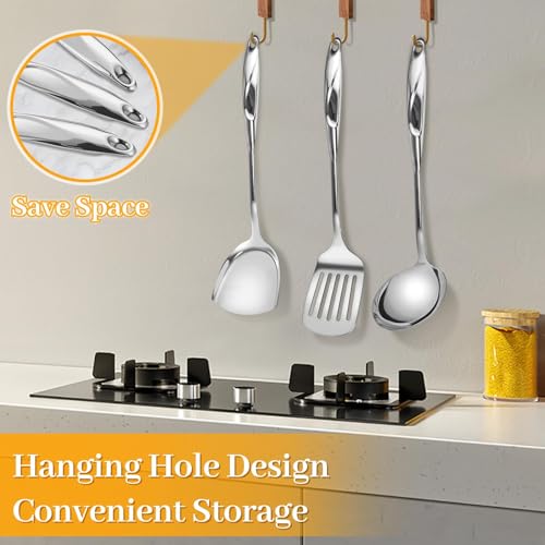 Hunnycook Stainless Steel Cooking Utensils Set - 6 Piece Kitchen Utensils Set, One Piece Seamless Handle Stainless Steel Utensils with Hanging Hole, Dishwasher Safe, Silver
