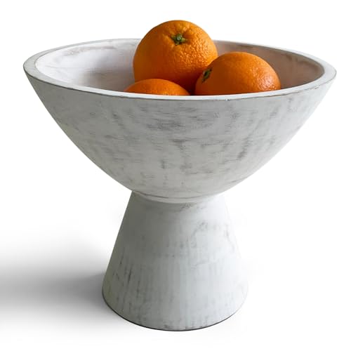 Fairwood Way - Whitewash Pedestal Bowl - 8 Inch, Wide Whitewash Footed Bowl as Fruit, Key, Decorative, Candy Holder or Centerpiece, Wooden Bowl Decorative for Kitchen, Dining Table & Home Accessories - color: Whitewash, size: 8 Inch Bowl