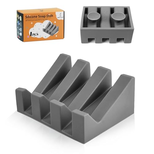 Silicone Soap Dish Self Draining with Suction Cups (Gray, 1 Pack) | Waterfall drainage design drains fast to keep soap dry silicone soap saver with reusable suction cups for bathroom & kitchen - color: Gray, size: 1