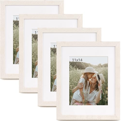 Momentworth 11x14 Picture Frame with Mat for 8x10 Set of 4, Rustic White Wood Grain 11 x 14 Gallery Wall Picture Frames for Wall Mounting(4 Pack, White) - color: Rustic White, size: 11x14 - 4 pack