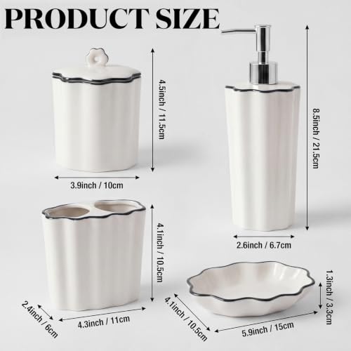 Zhehao Scalloped Bathroom Ceramic Accessories Set 4 Pcs Bathroom Accessory Sets with Toothbrush Holder Soap Dispenser Soap Dish Cotton Swab Jar Bathrooms Countertop Organizer (Black) - color: Black