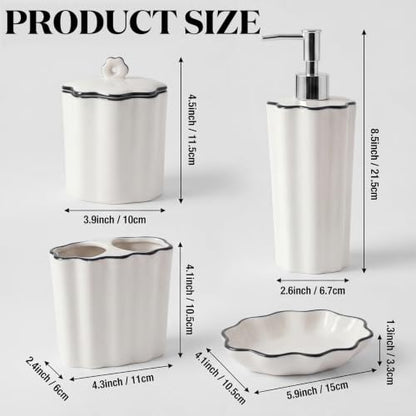 Zhehao Scalloped Bathroom Ceramic Accessories Set 4 Pcs Bathroom Accessory Sets with Toothbrush Holder Soap Dispenser Soap Dish Cotton Swab Jar Bathrooms Countertop Organizer (Black) - color: Black