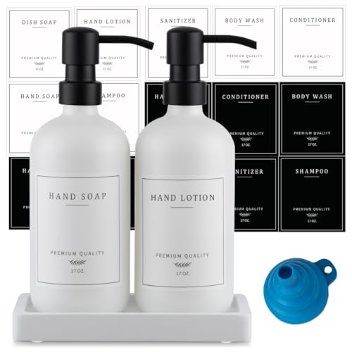 Thick Glass Soap Dispenser - Kitchen Dish Hand Soap Dispenser Set,Rustproof Pump Soap Lotion Dispenser Bathroom with Tray,14 Stickers for Kitchen Decor White Bottle/Black Pump - color: White Bottle/Black Pump + Tray + Funnel